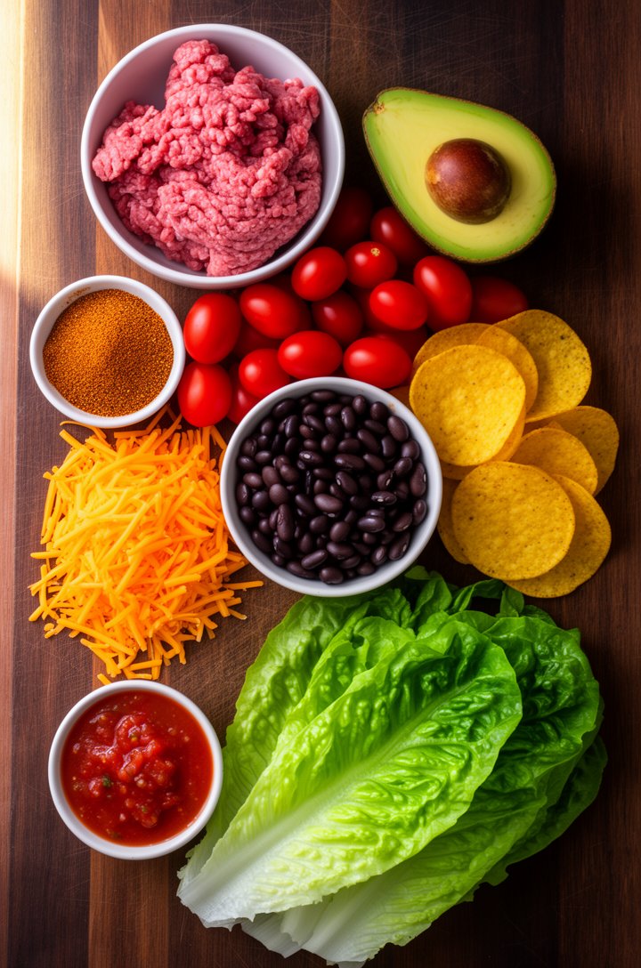 Overhead flat-lay of taco salad ingredients arranged on a dark wooden cutting board — a small bowl of raw ground beef, a ramekin of taco seasoning powder, a halved ripe avocado showing the pit, a pile