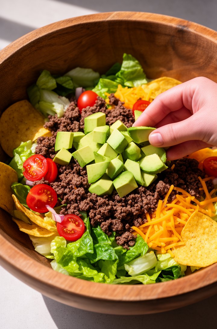 Overhead extreme close-up of a taco salad being assembled in a large rustic wooden bowl — a hand placing diced bright green avocado chunks onto a bed of chopped romaine lettuce already topped with sea