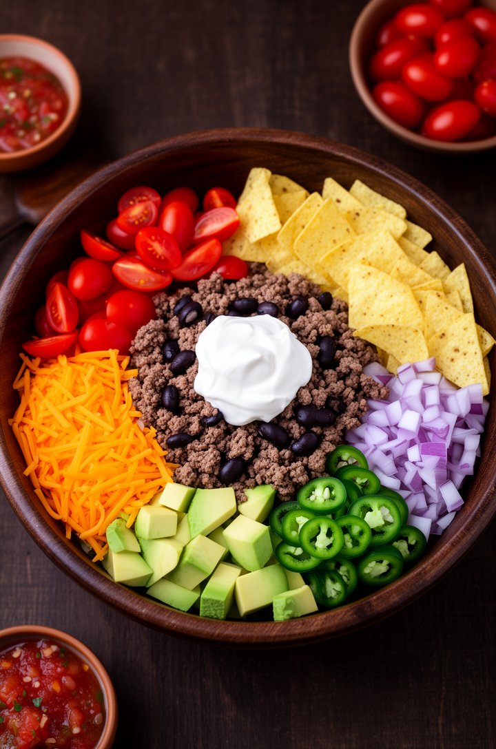 Slightly angled overhead shot of a fully assembled taco salad in a deep dark wooden bowl — seasoned ground beef with black beans in the center surrounded by sections of halved red cherry tomatoes, bri