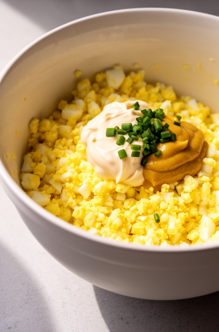 Close-up 45-degree angle shot of chopped hard-boiled eggs in a large white mixing bowl, some pieces chunky and some fine, a dollop of creamy mayonnaise and golden Dijon mustard sitting on top not yet 
