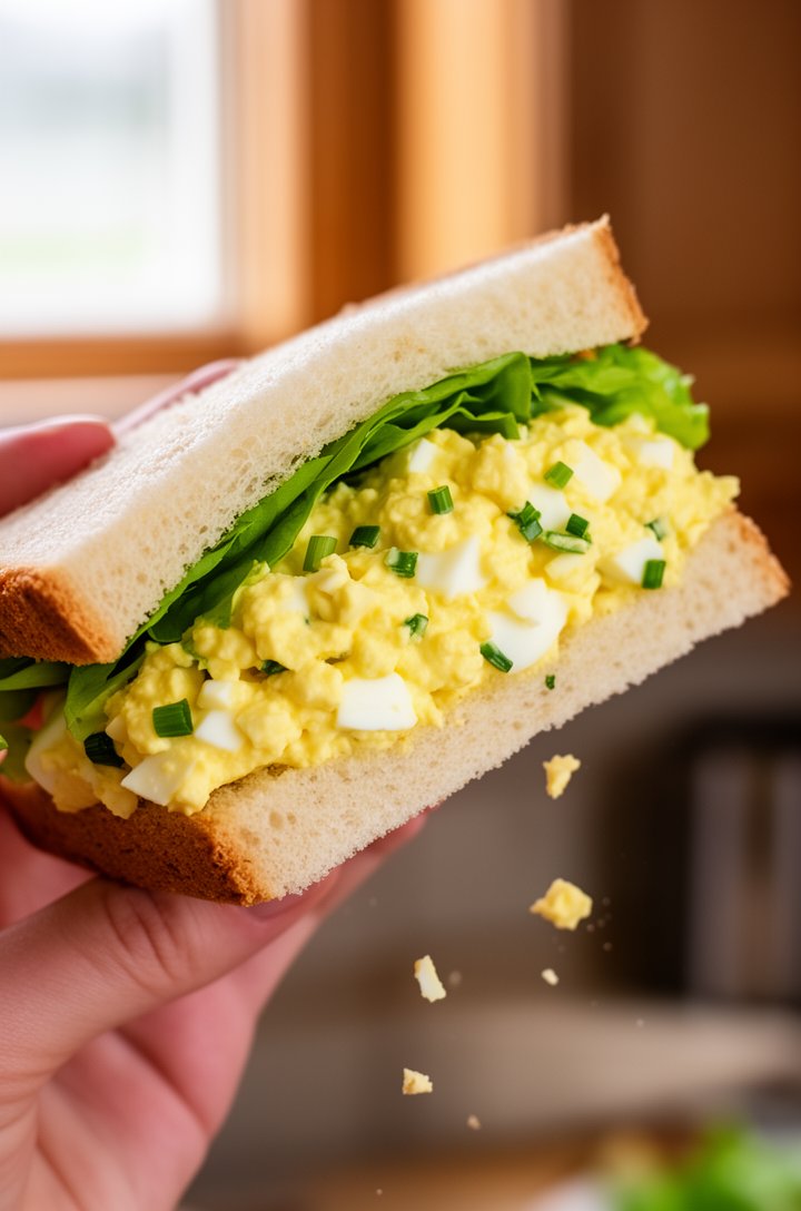 Side-angle shot of a hand holding a completed egg salad sandwich cut diagonally, the creamy yellow egg salad filling visible in cross-section with chunks of white egg and flecks of green chives, fresh