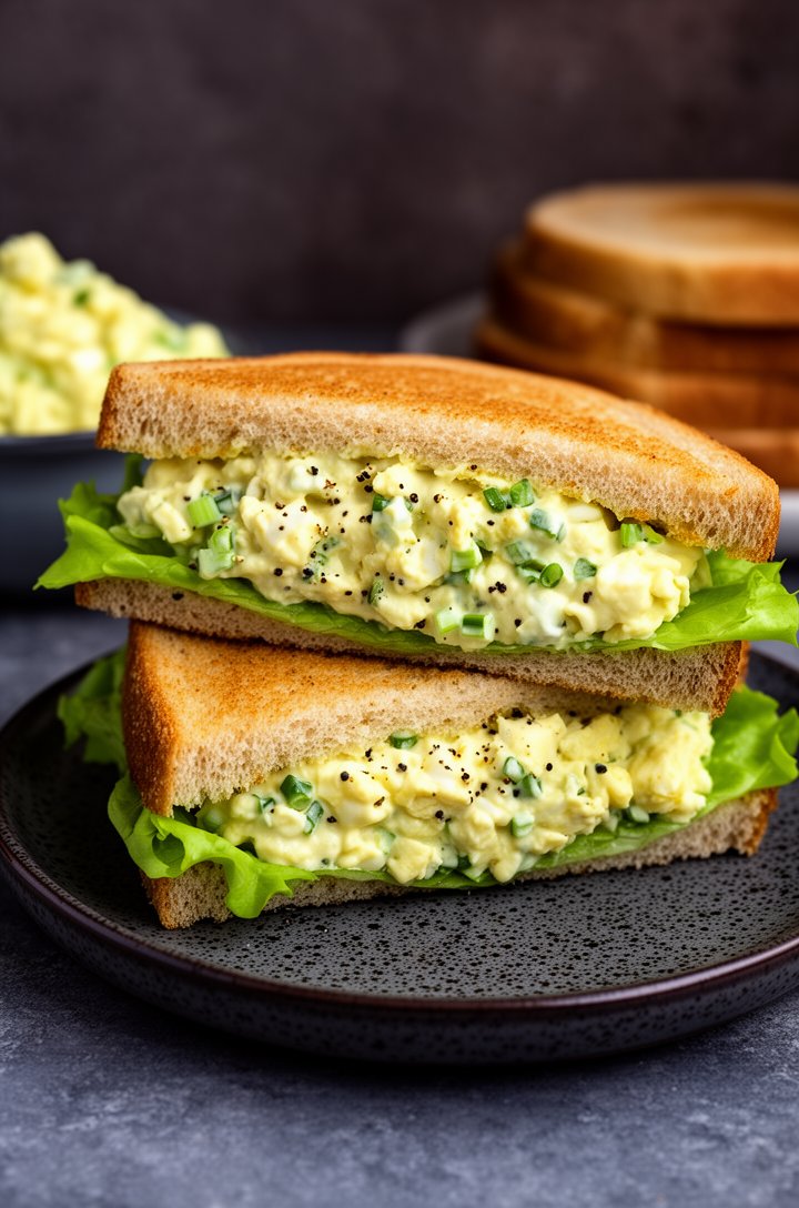 Straight-on eye-level shot of two egg salad sandwiches stacked and cut in half on a dark speckled ceramic plate, generous filling overflowing slightly from the edges, visible texture of chunky egg pie
