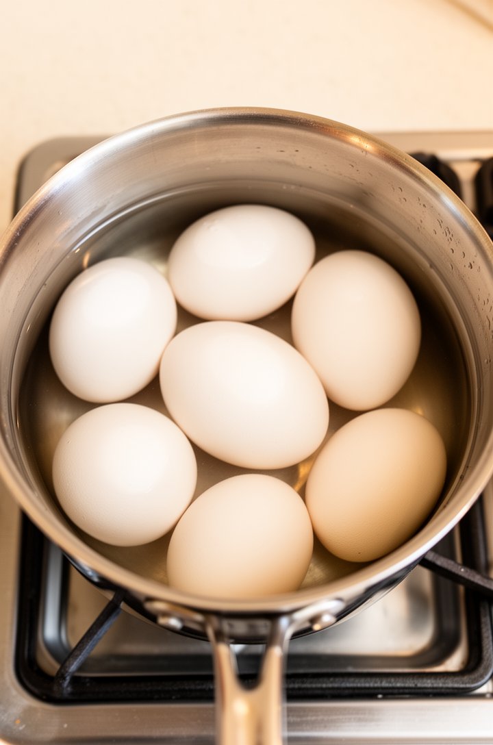 Overhead shot of 8 whole eggs nestled in a single layer in a medium stainless steel saucepan filled with cold water, the water clear and still, sitting on a gas stovetop burner, bright kitchen lighting from above, clean and simple composition on a light countertop