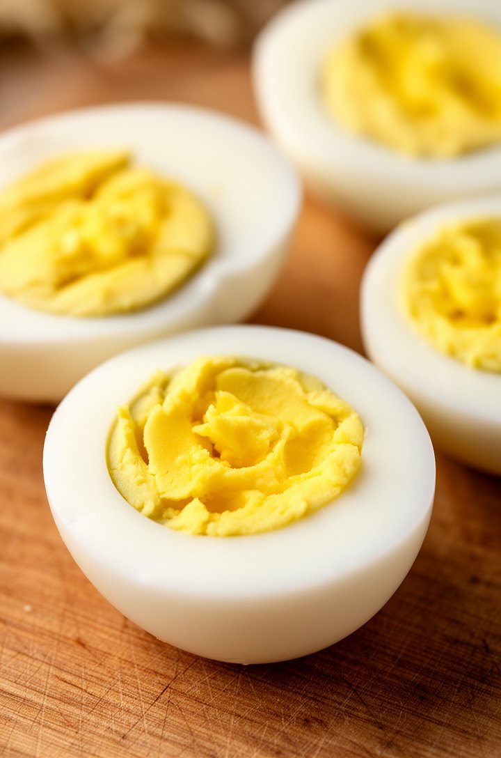Close-up of perfectly hard-boiled eggs cut in half on a wooden cutting board, showing bright yellow yolks with no green ring, smooth and creamy yolk texture, whites firm but tender, 3-4 halved eggs arranged casually, warm natural side lighting, shallow depth of field