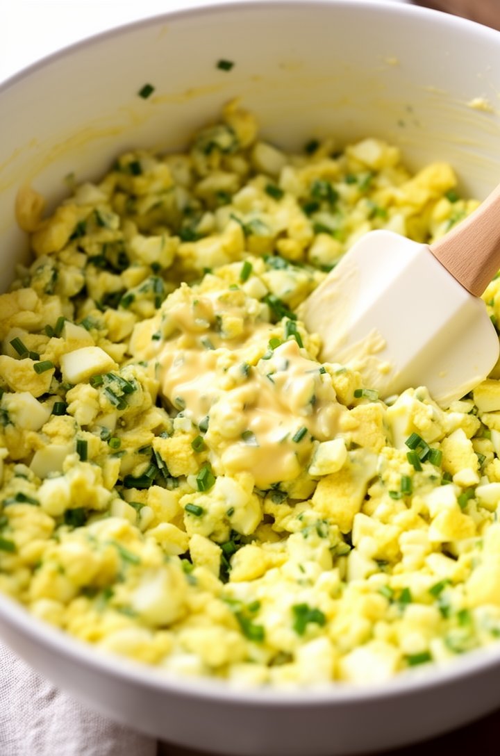 45-degree angle shot of chopped eggs in a large white bowl being folded together with mayo and mustard dressing using a rubber spatula, the mixture halfway combined showing both chunky egg pieces and creamy dressed portions, minced chives visible throughout, bright natural lighting