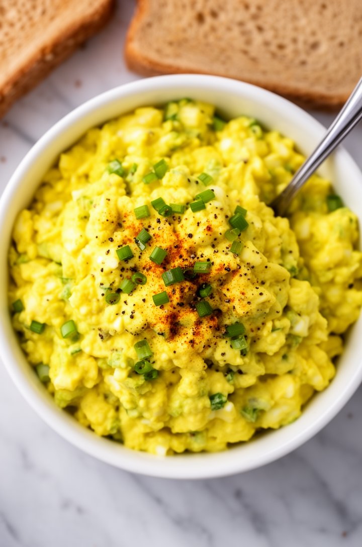 Overhead shot of the finished egg salad in a white bowl — perfectly combined with a chunky-creamy texture, golden yellow color from the mustard and paprika, flecks of green chives and black pepper throughout, a spoon resting in the bowl, on a light marble surface with bread slices nearby