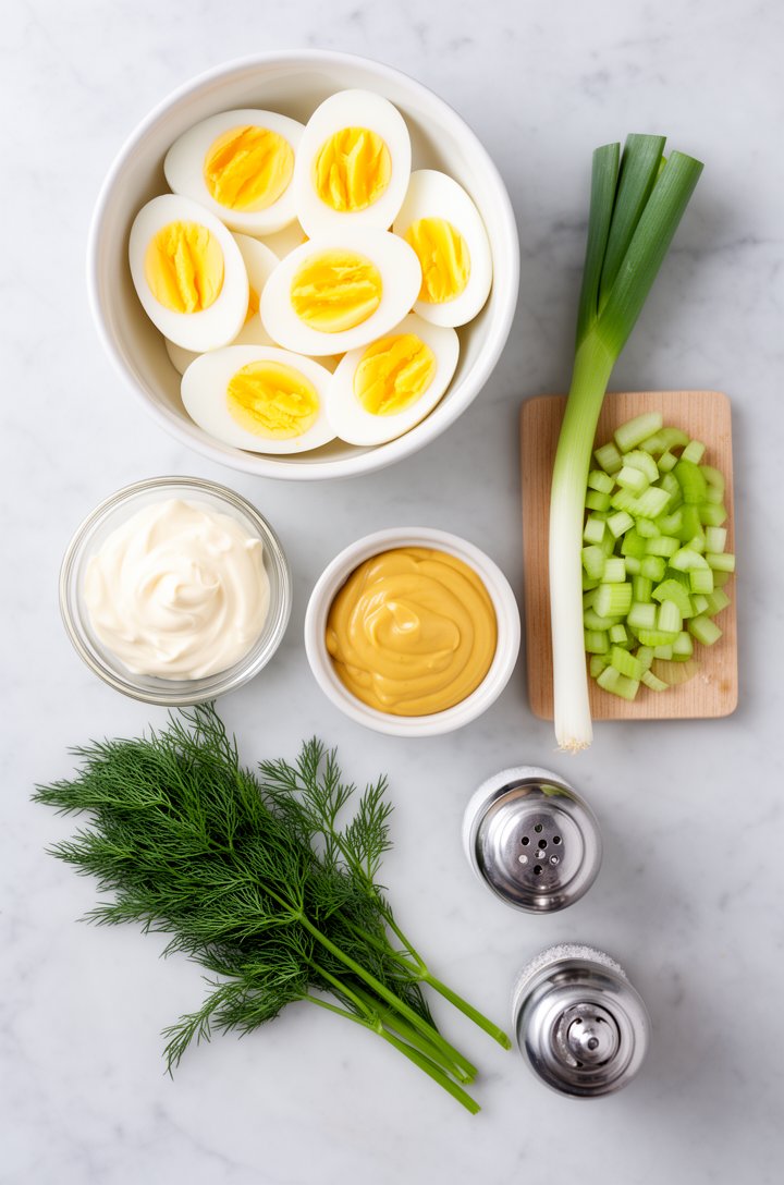 Overhead flat-lay of all egg salad ingredients arranged on a light marble surface — a bowl of 8 peeled hard-boiled eggs cut in half showing bright yellow yolks, a small glass bowl of mayonnaise, a ram
