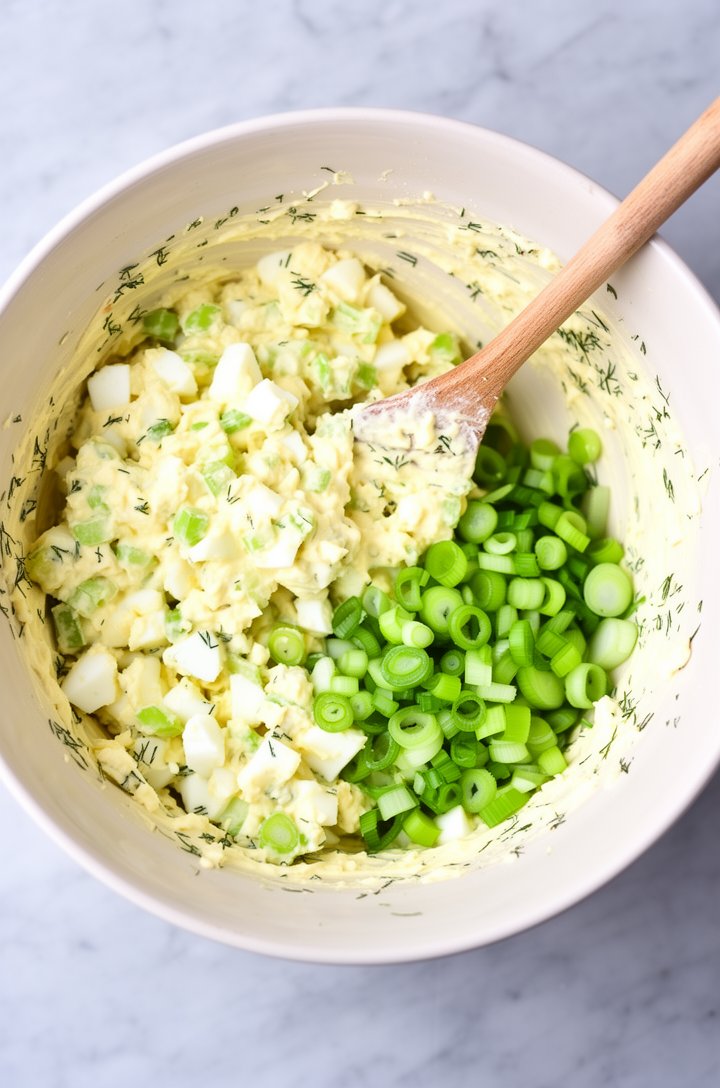 Overhead shot of chunky egg salad being stirred together in a medium mixing bowl with a wooden spoon — creamy pale yellow base with visible chunks of white egg, small green pieces of celery and sliced