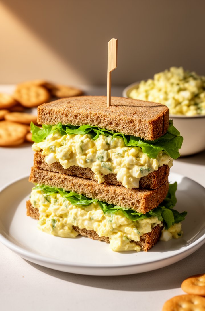 Side-angle hero shot of a towering egg salad sandwich on whole wheat bread, cut in half and stacked, with generous creamy egg salad spilling slightly from the edges, fresh green lettuce leaves peeking