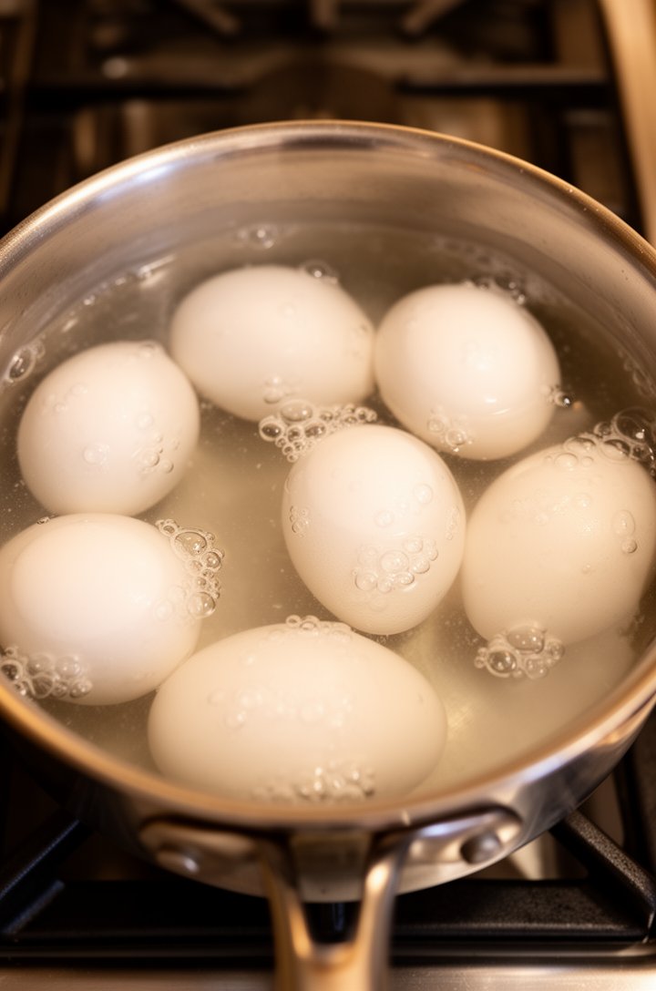 Overhead shot of a medium saucepan on a stovetop with 8 whole eggs submerged in water, just beginning to show tiny bubbles forming on the shell surfaces as the water heats up. Stainless steel saucepan on a dark burner grate, warm kitchen lighting, clean and simple composition