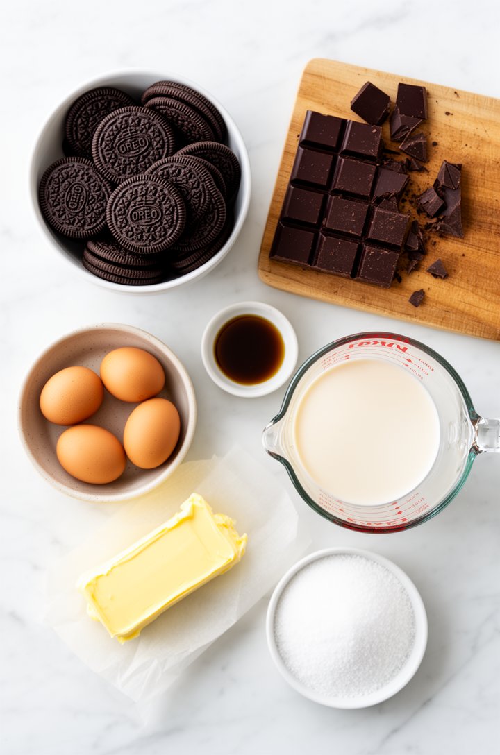 Overhead flat-lay of French silk pie ingredients arranged on a white marble surface — a bowl of whole Oreo cookies, a block of dark bittersweet chocolate partially chopped on a wooden cutting board, f