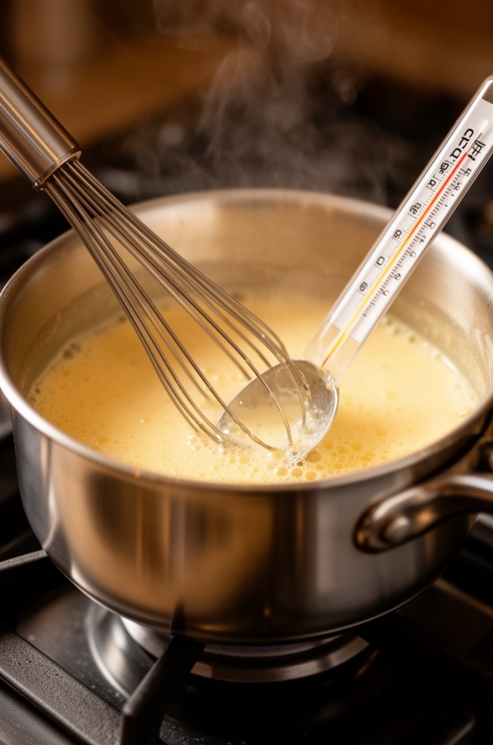 Close-up side angle of a small stainless steel saucepan on a gas burner, with a whisk stirring a pale golden egg-sugar mixture that coats the back of a metal spoon. An instant-read thermometer inserte