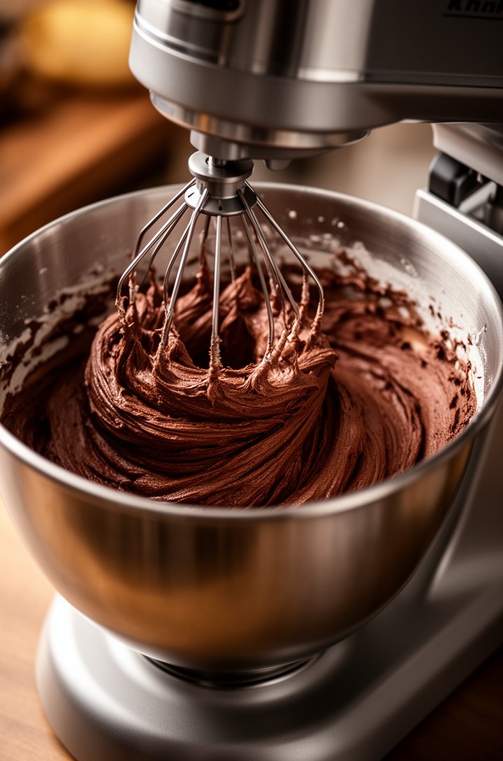 45-degree angle shot of an electric stand mixer with whisk attachment beating chocolate filling to a fluffy mousse-like consistency, the mixture light and airy with visible volume increase, dark rich 