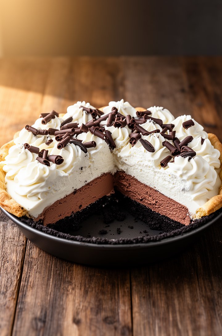 Straight-on front angle of a complete French silk pie in a dark pie dish on a rustic wooden table, topped with generous swirls of fresh whipped cream and scattered dark chocolate curls. One slice has