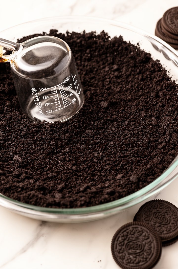 Overhead shot of finely crushed Oreo cookie crumbs being pressed into a 9-inch glass pie dish with the bottom of a measuring cup, the dark black crumb mixture forming an even layer up the sides, a few whole Oreos scattered nearby on the white marble counter, bright natural overhead lighting, clean composition
