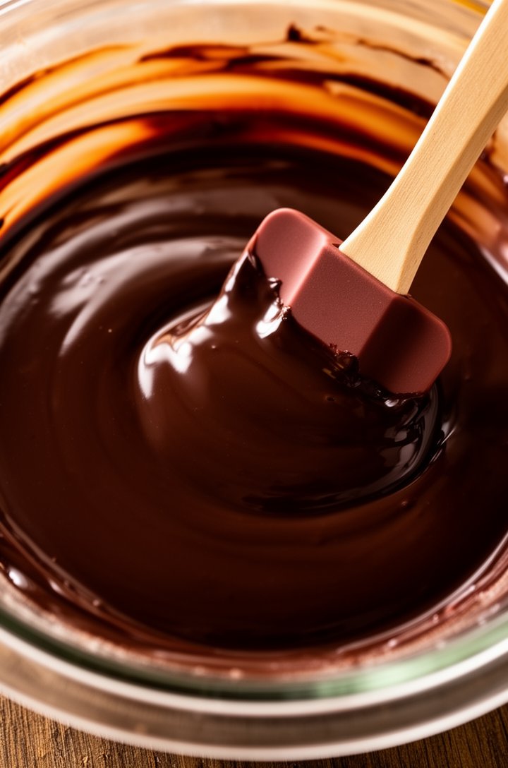 Close-up of melted bittersweet chocolate in a glass bowl, deep glossy dark brown with a smooth liquid surface reflecting warm light, a rubber spatula resting across the edge of the bowl, shot from directly above, shallow depth of field