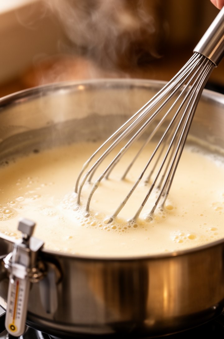 Side-angle shot of the egg and sugar mixture being whisked in a stainless steel saucepan over medium-low heat, the mixture turning pale and slightly thickened, small wisps of steam visible, instant-read thermometer clipped to the side of the pan, warm kitchen lighting