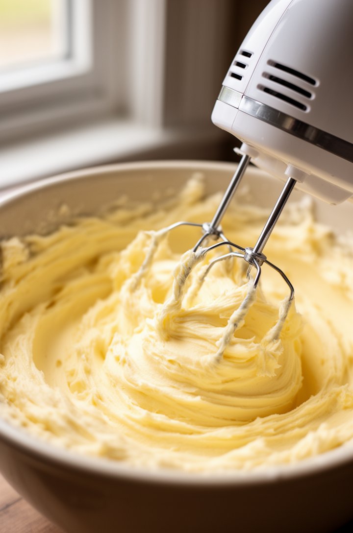 Close-up of an electric hand mixer beating softened butter in a large mixing bowl, the butter light and fluffy with a pale yellow color, whipped texture visible, shot from a 45-degree angle with soft natural lighting from a nearby window