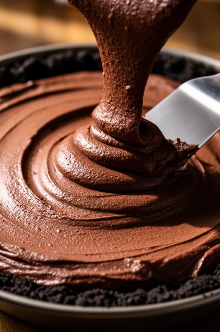 Overhead shot of the finished chocolate silk filling being poured and spread into the cooled Oreo crust in the pie dish, the filling dark and glossy with a mousse-like texture, an offset spatula smoothing the top, the filling mounded high in the center, warm side lighting creating shadows on the textured surface