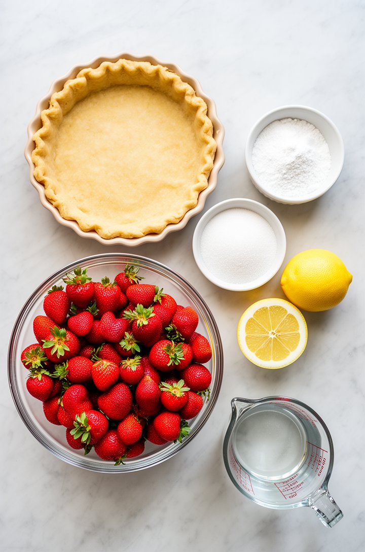 Overhead flat-lay of fresh strawberry pie ingredients arranged on a light marble surface — a golden pre-baked pie crust in a ceramic dish, a large glass bowl overflowing with bright red hulled strawbe