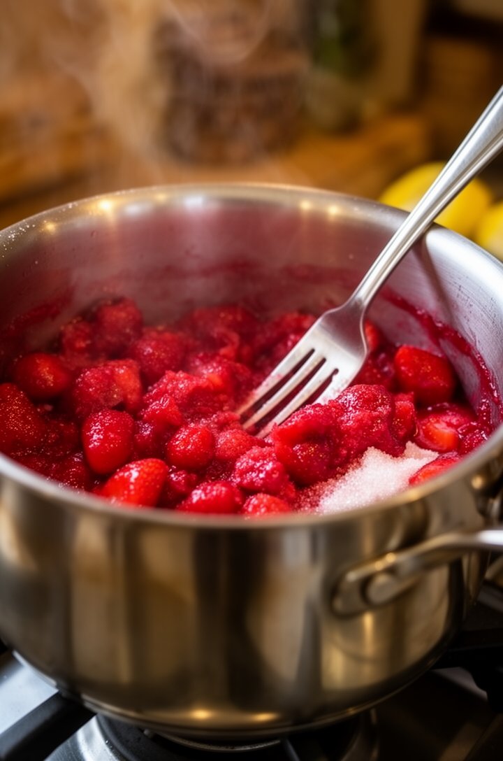 Close-up 45-degree angle shot of chunky strawberries being mashed with a fork in a stainless steel saucepan, sugar and lemon juice visible, the berries breaking down into a deep red mixture with visib