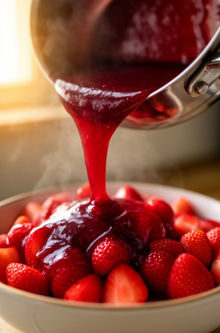 Side-angle close-up of thick glossy strawberry glaze being poured from a saucepan over a bowl of fresh halved strawberries, the deep ruby-red glaze catching the light as it coats the bright red berrie