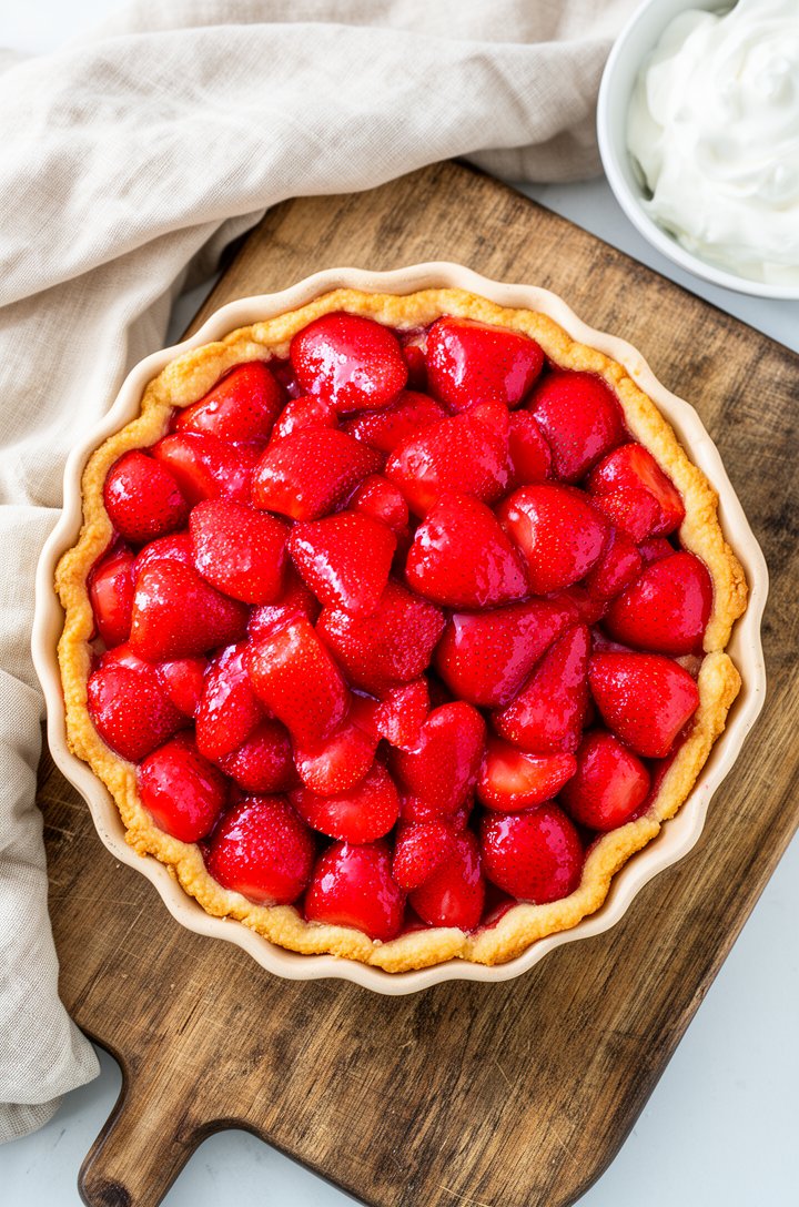 Overhead shot of the assembled strawberry pie in a fluted pie dish, glossy glazed strawberry halves piled high and glistening, the golden crust edges visible around the perimeter, set on a rustic wood