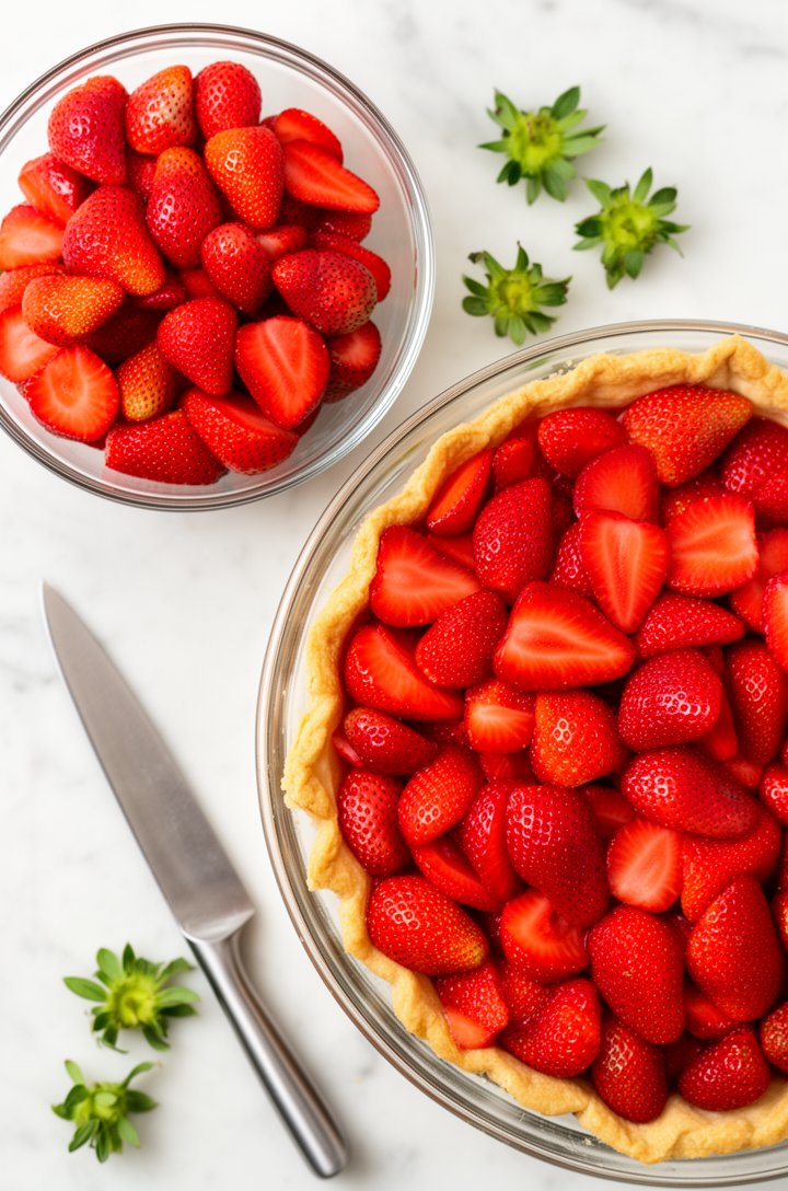 Overhead flat-lay of halved fresh strawberries divided into two equal portions in separate glass bowls on a white marble surface, one bowl slightly larger and overflowing with bright red berries, a sharp paring knife and green hulled tops scattered nearby, bright even natural lighting from above, clean food prep scene