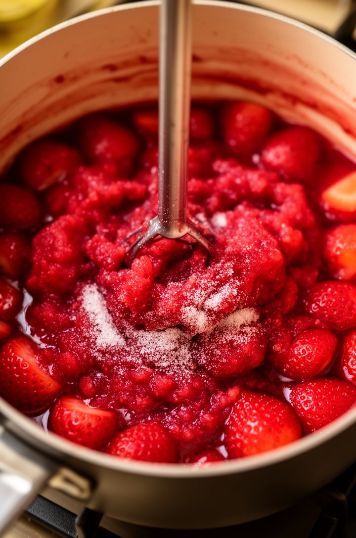 Close-up straight-down shot of strawberries being mashed in a medium saucepan with a potato masher, the mixture halfway between chunky and smooth, deep red juice pooling around berry pieces, sugar crystals still visible dissolving, warm overhead kitchen lighting