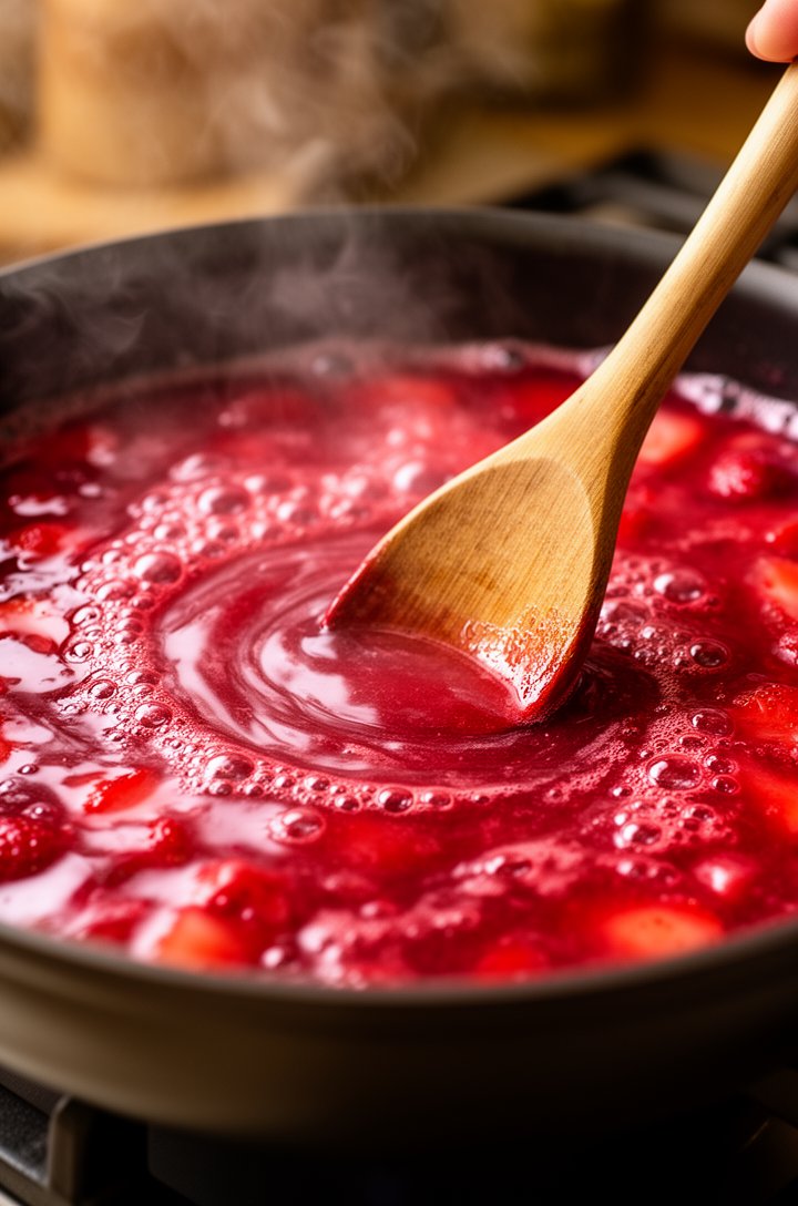 Side-angle close-up of the cornstarch slurry being stirred into the bubbling strawberry mixture in the saucepan, a wooden spoon creating swirls in the thickening ruby-red glaze, visible bubbles and steam, warm stove-top lighting, shallow depth of field