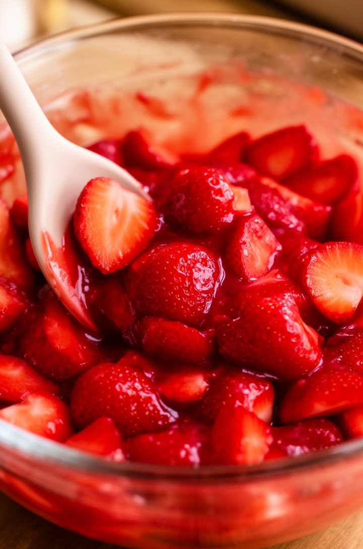 45-degree angle shot of glossy glazed strawberries being gently folded together in a large glass mixing bowl with a silicone spatula, every berry coated in thick shiny red glaze, some fresh berry halves still showing their bright interior, warm side lighting