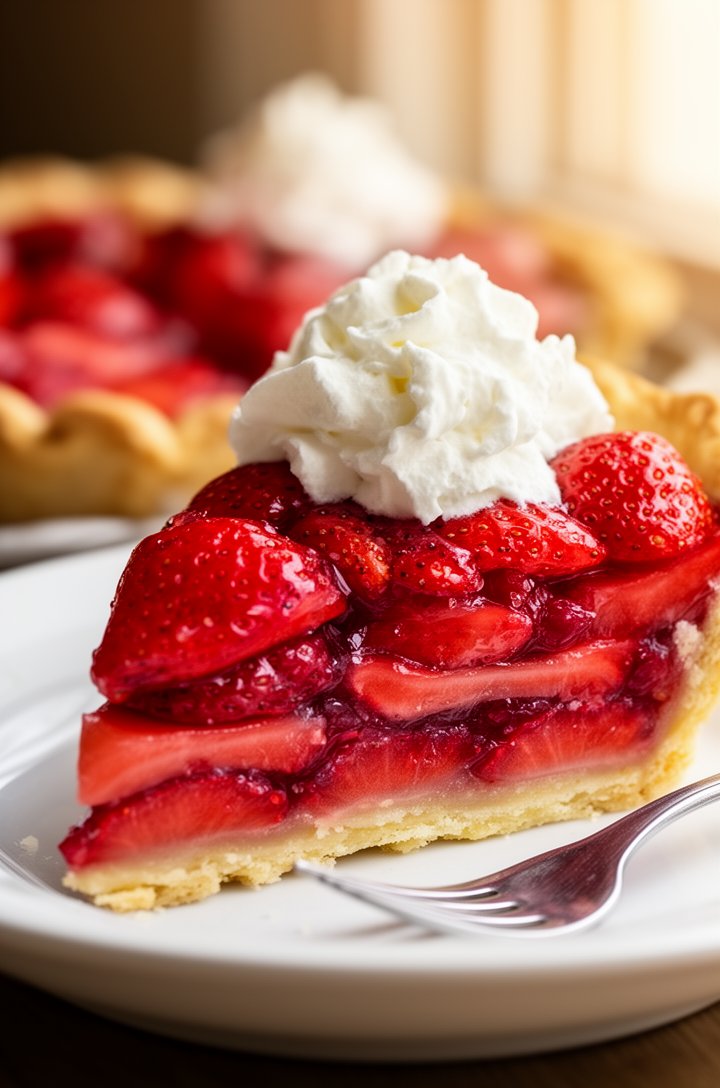 Close-up side angle of a single perfect slice of fresh strawberry pie on a white plate, showing the cross-section layers — flaky golden crust on the bottom, densely packed glazed strawberry halves stacked high, a dollop of whipped cream on top beginning to soften, a fork resting beside the slice, warm natural window light from the right, shallow depth of field with the rest of the pie blurred in the background