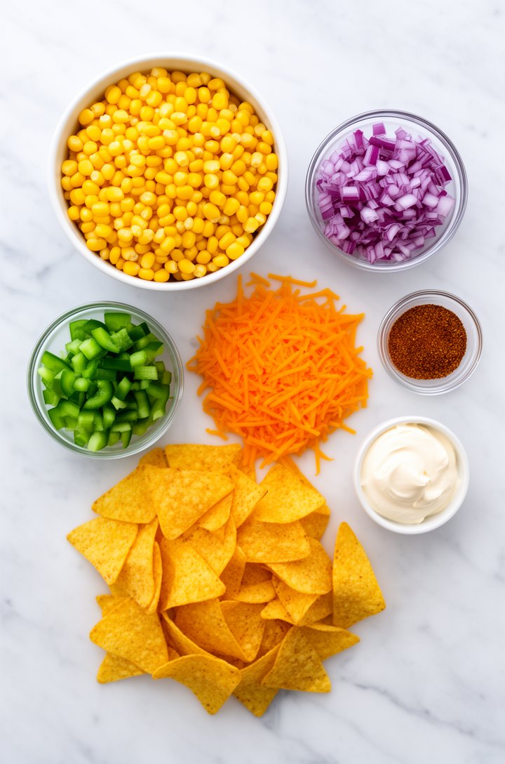 Overhead flat-lay shot of Frito corn salad ingredients arranged on a white marble surface: a bowl of bright yellow corn kernels, a small bowl of finely diced green bell pepper, finely chopped purple-r
