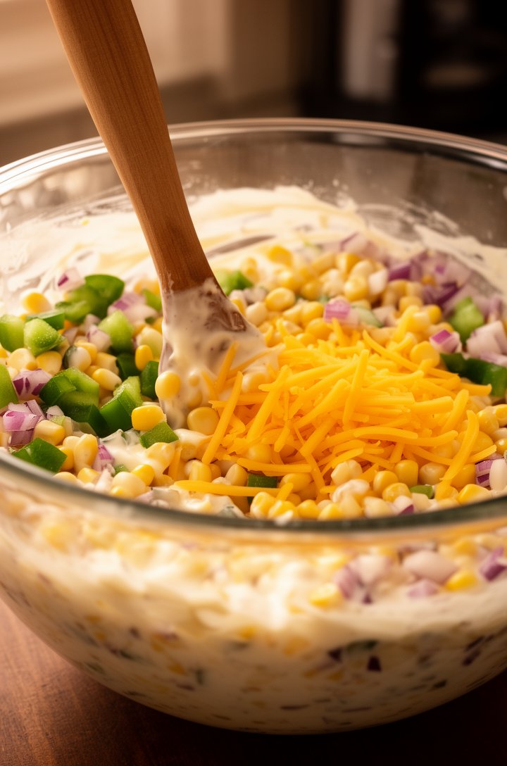 Close-up 45-degree angle shot of a large glass mixing bowl with corn kernels, diced green pepper, chopped red onion, and shredded cheddar being stirred together with a wooden spoon, creamy mayo dressi