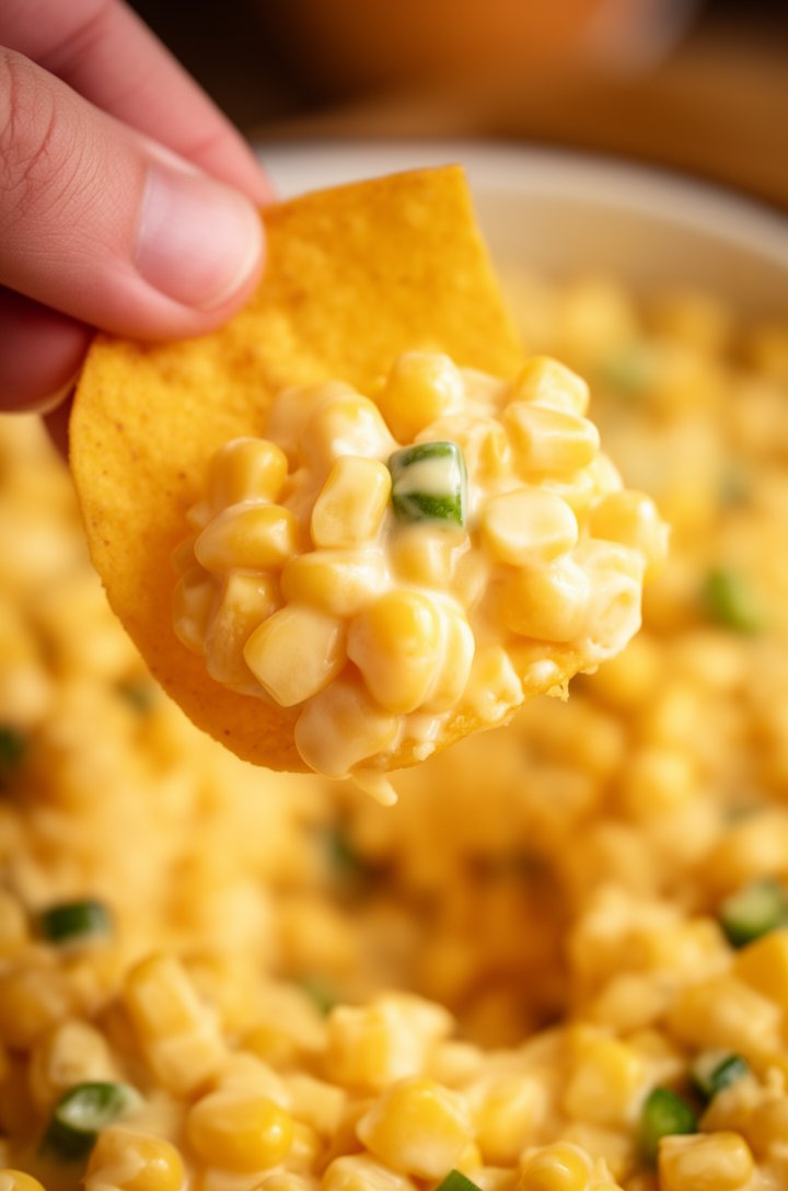Extreme close-up macro shot of a hand scooping Frito corn salad with a Frito Scoop chip, showing the creamy corn and cheese mixture piled on the curved chip, individual corn kernels and tiny green pep