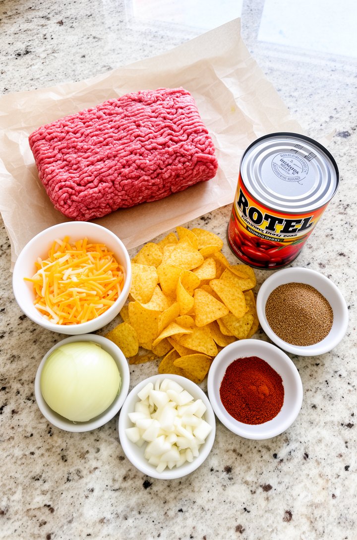 Overhead flat-lay of all frito pie ingredients arranged on a light granite countertop — a raw ground beef portion on butcher paper, a small white bowl of shredded cheddar and Monterey Jack cheese, a c