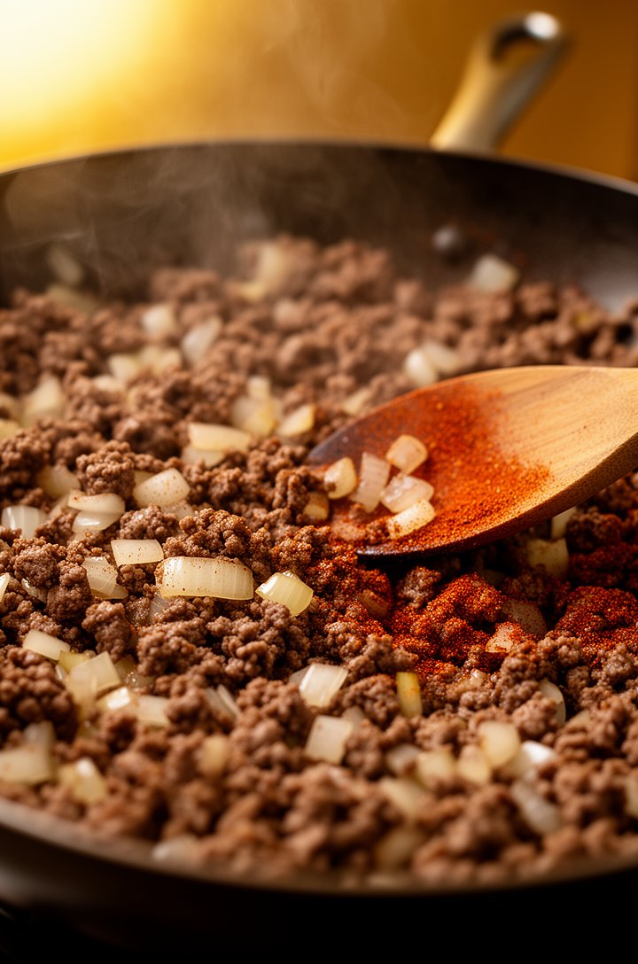 Close-up 45-degree angle shot of seasoned ground beef and diced onions sizzling in a large dark skillet, the meat browned and crumbled with visible pieces of softened translucent onion mixed throughou