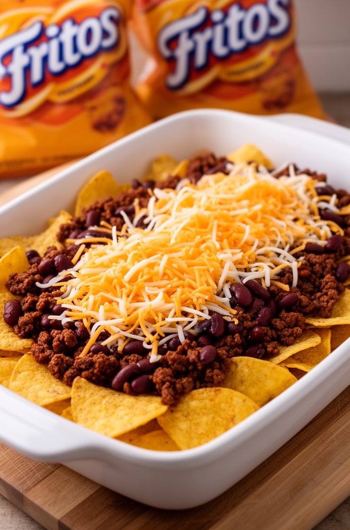 Side-angle shot of the 9x13 white baking dish showing the layering process — a base of golden Fritos corn chips visible on the bottom, spoonfuls of dark reddish-brown seasoned beef and kidney bean mix
