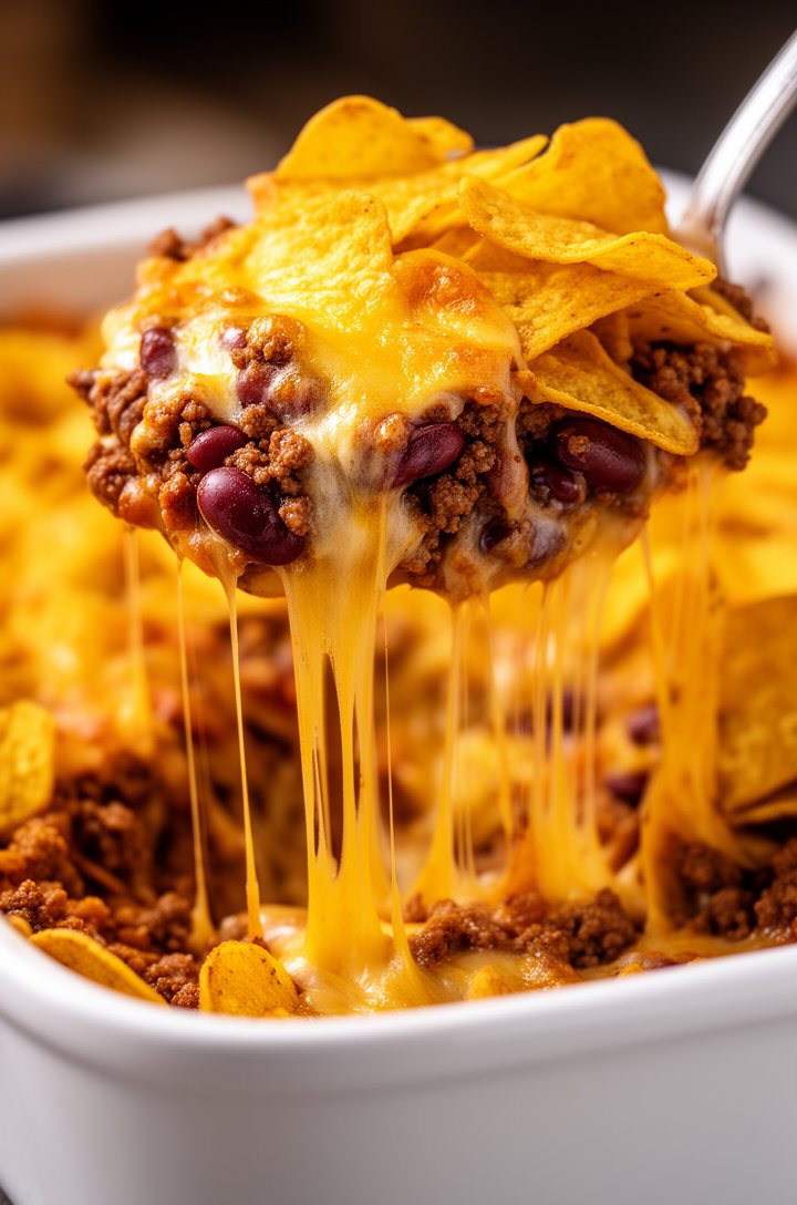 Extreme close-up macro shot of a large spoonful of frito pie being lifted from the casserole dish, stretchy melted cheese pulling in long golden strands between the spoon and the dish, visible layers 
