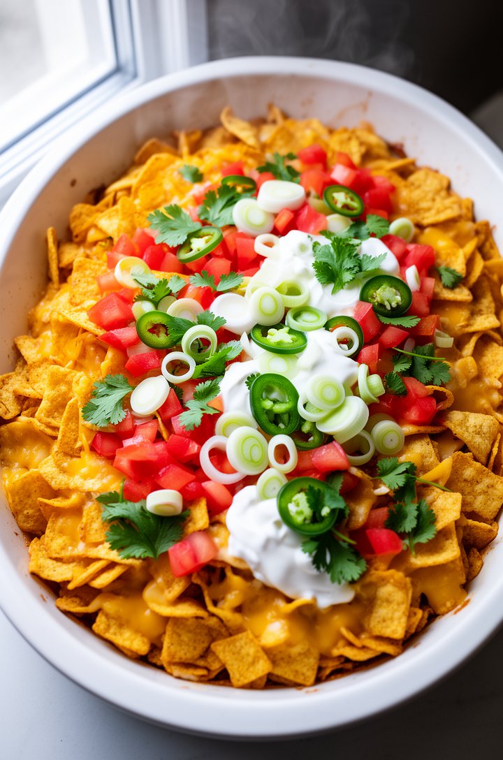 Overhead close-up of the finished frito pie casserole in a white oval baking dish, the entire surface covered with golden Fritos chips, melted cheese pooling between them, generously topped with brigh