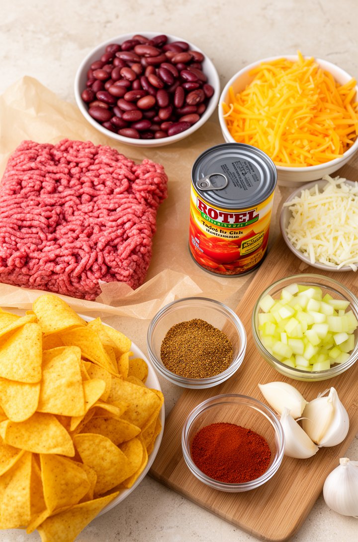 Overhead flat-lay of all frito pie ingredients neatly arranged on a light stone countertop — raw ground beef on parchment, small bowls of shredded cheddar and Monterey Jack, an opened can of Rotel tomatoes, a drained can of kidney beans, a pile of golden Fritos corn chips, small glass prep bowls of taco seasoning and chili powder, diced yellow onion on a wooden cutting board, and whole garlic cloves. Bright natural overhead lighting, clean and organized, professional food blog style