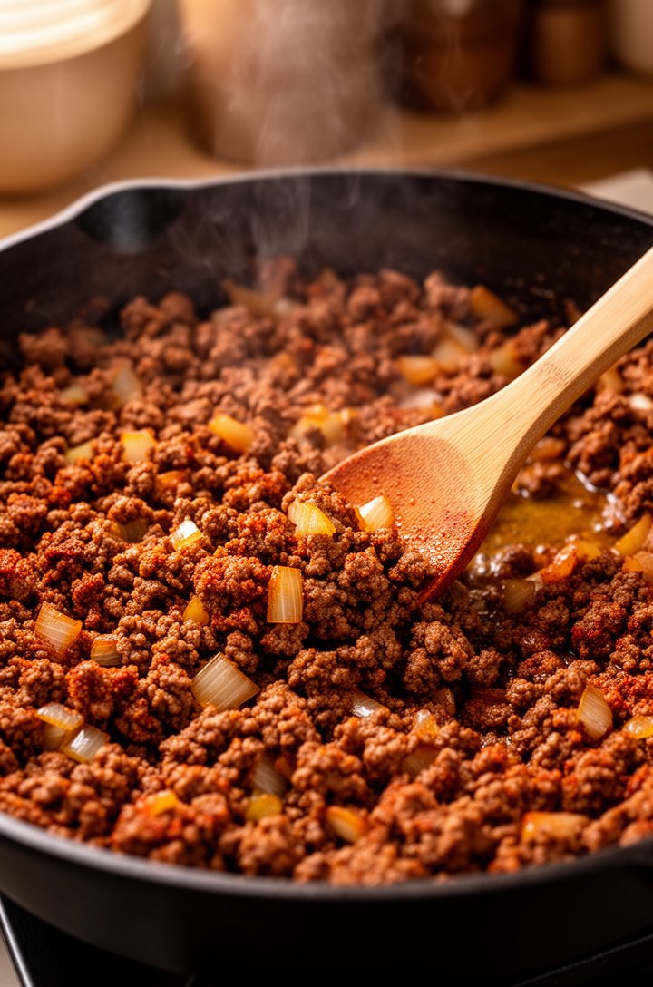 Close-up shot of seasoned ground beef browning in a large cast iron skillet over medium heat, the meat crumbled and dark brown with visible chunks of softened diced onion throughout, a wooden spoon stirring the mixture, warm reddish-brown seasoning coating every piece, small amount of rendered fat visible around the edges of the pan, warm kitchen side lighting with slight steam rising