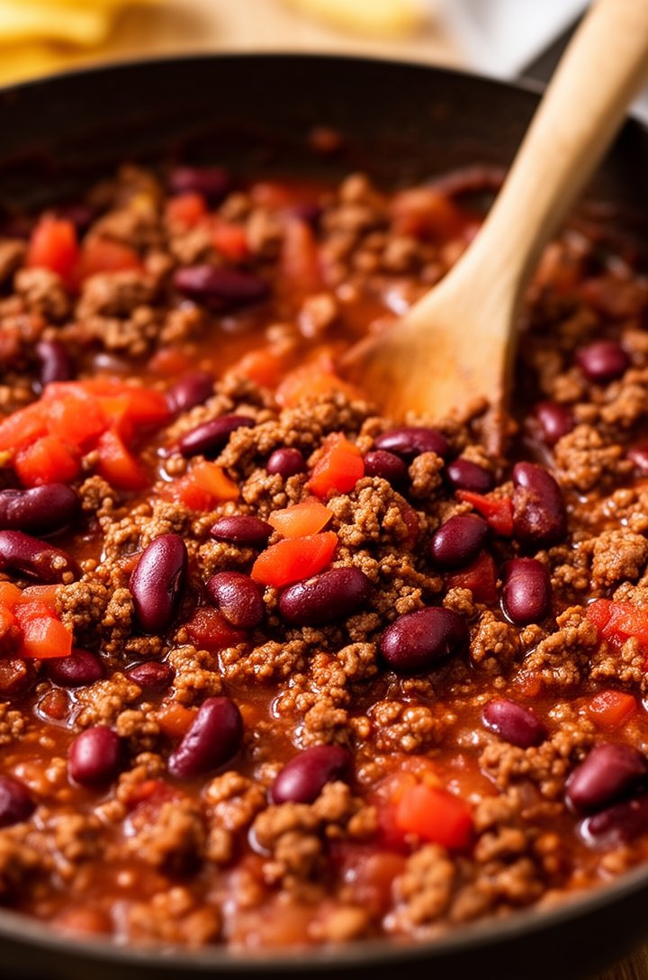 45-degree angle view of the beef mixture simmering with Rotel tomatoes and kidney beans in the skillet, the sauce slightly thickened and glossy with visible dark red kidney beans and diced tomato pieces scattered throughout the seasoned meat, rich reddish-brown color, wooden spoon resting against the edge