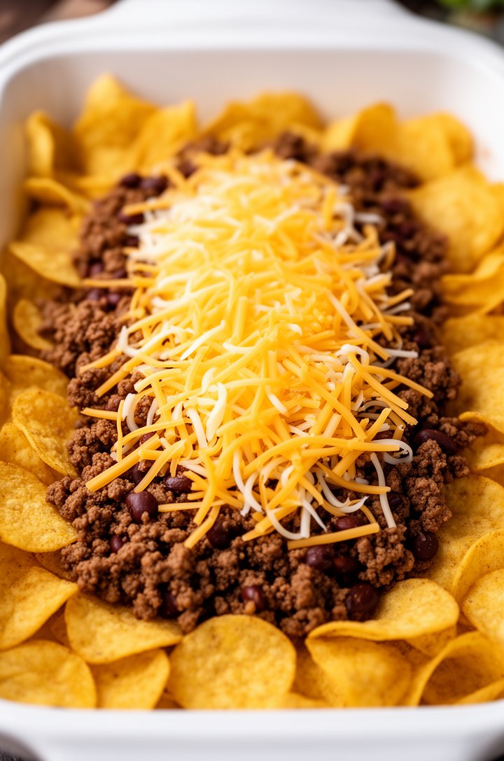 Overhead shot of the 9x13 white baking dish showing the first layer of golden Fritos corn chips spread across the bottom, with half the seasoned beef and bean mixture spooned on top and a generous layer of shredded cheddar and Monterey Jack cheese sprinkled over the meat, the warm colors contrasting with the clean white dish
