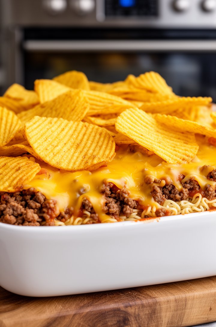 Side-angle shot of the fully assembled unbaked frito pie casserole showing all three visible layers — Fritos on top catching the light with their ridged golden texture, melting cheese beginning to soften from the heat of the meat below, the white baking dish sitting on a wooden board, oven preheating in the soft-focus background
