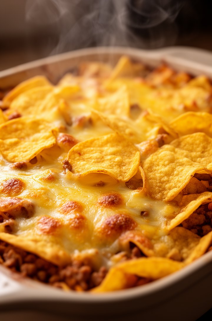 Close-up of the frito pie fresh out of the oven, the cheese melted and bubbly with golden-brown spots on the edges, Fritos chips on top slightly toasted and glistening, steam rising from the casserole, shot at a 30-degree angle with warm oven lighting and shallow depth of field