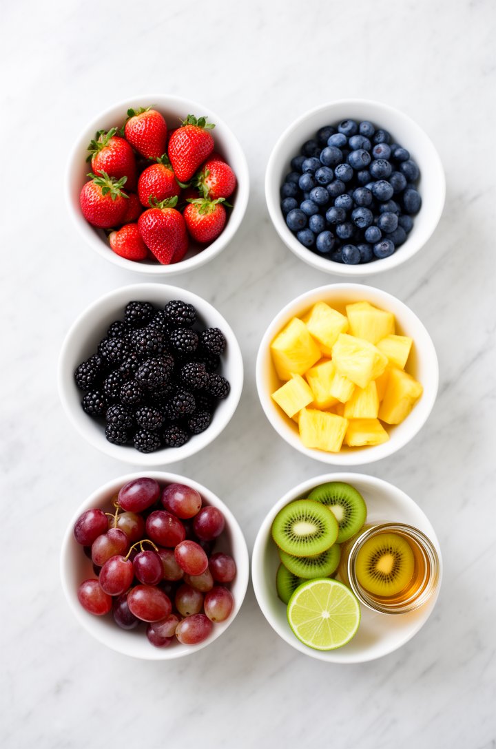 Overhead flat-lay of all fruit salad ingredients arranged in small white prep bowls on a light marble surface — whole strawberries in one bowl, blueberries in another, blackberries, halved red grapes,