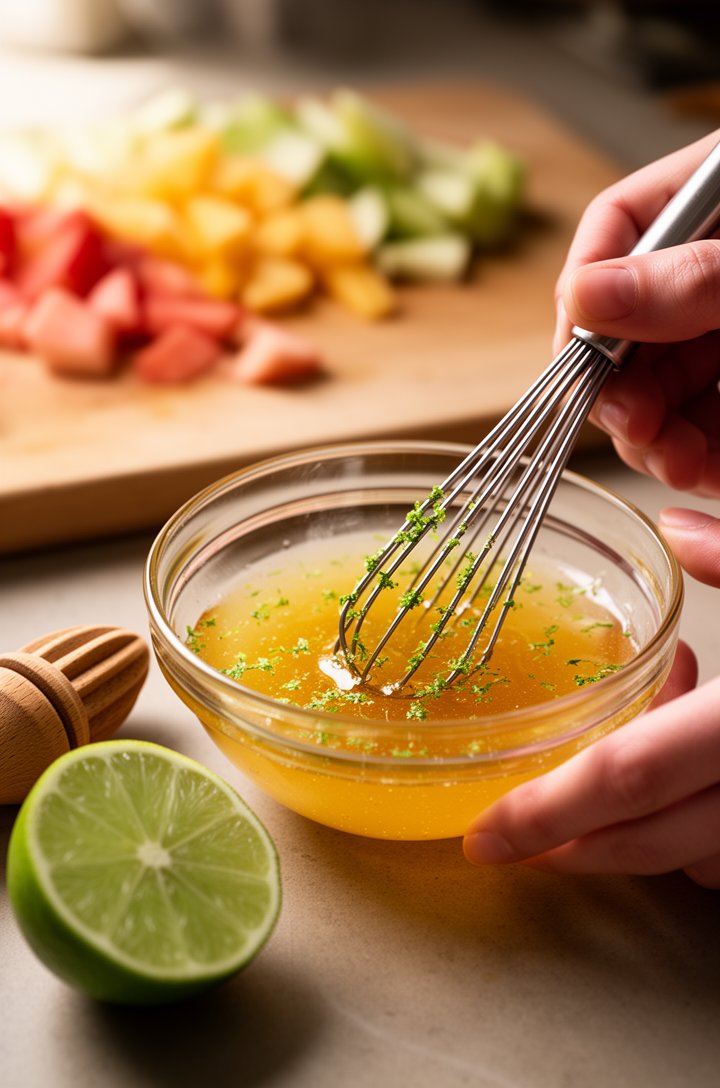 Close-up 45-degree angle of hands whisking golden honey and fresh lime juice together in a small clear glass bowl, lime zest visible as tiny green flecks in the mixture, a halved lime and wooden citru