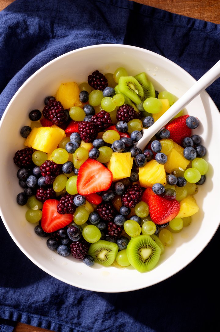 Overhead shot looking straight down into a large white ceramic bowl filled with vibrant mixed fruit salad — bright red strawberry slices, deep purple blackberries, dusty blue blueberries, translucent 