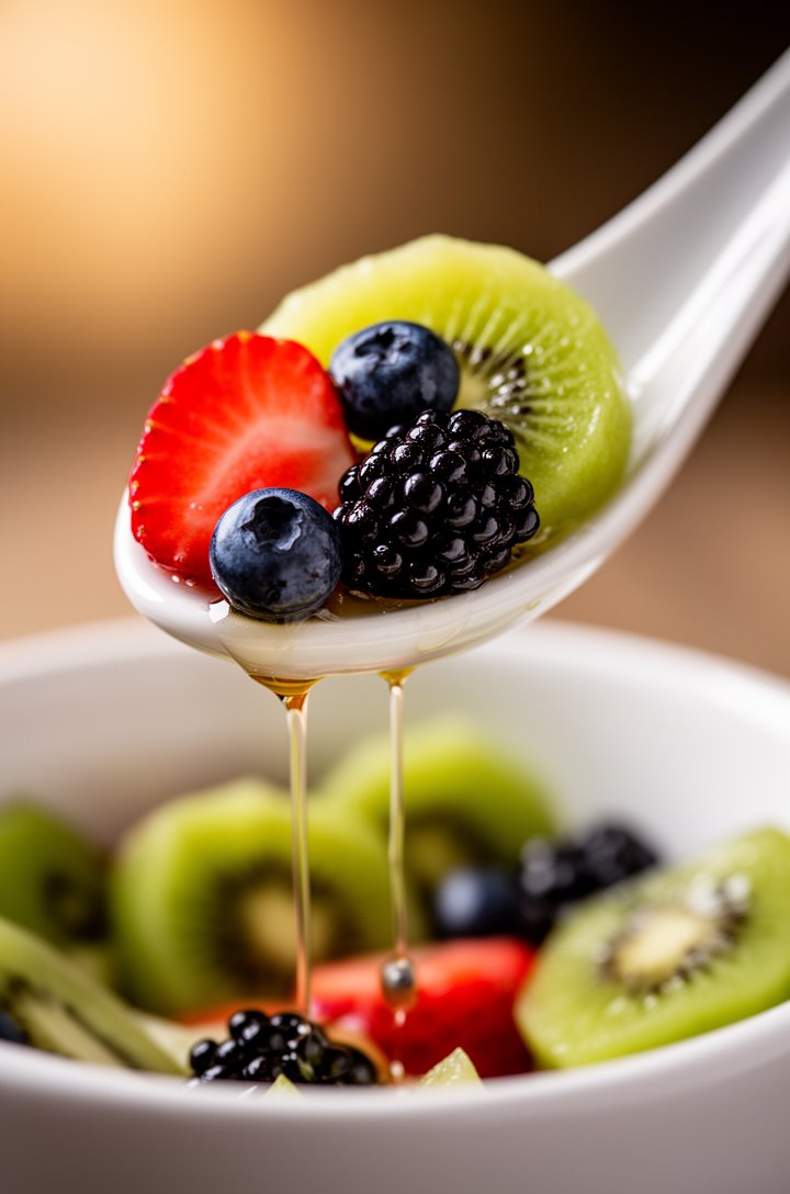 Extreme close-up macro shot of a single spoonful of fruit salad being lifted from the bowl, showing a strawberry slice, two blueberries, a blackberry, and a kiwi half-moon balanced on a white ceramic 